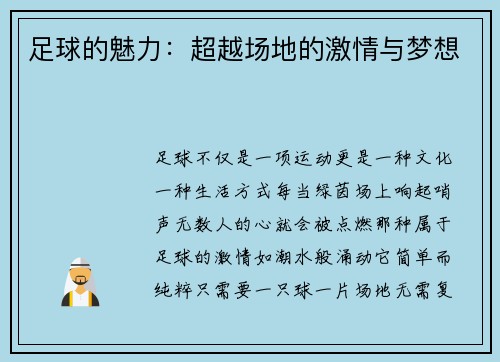 足球的魅力：超越场地的激情与梦想